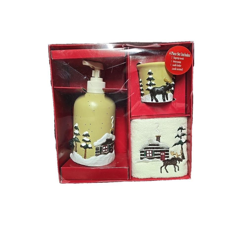 Make The Season Bright Gift Set VTG Fingertip Towels Lotion Pump Candle Holder